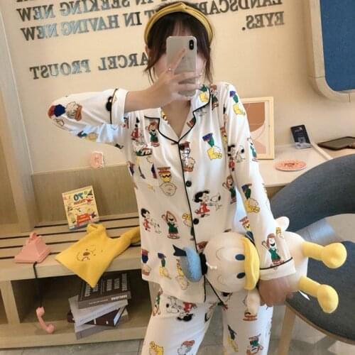 Autumn Spring Pajamas For Women Cute Print Cartoon Home Clothes 2Pcs Set Sleepwear Female Tops+Pants Nighties Pijama Suit