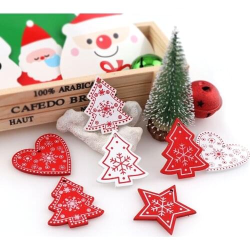 20Pcs 5cm Red White Wood Christmas Ornaments Pendant Hanging Snowflakes Xmas Tree Craft Scrapbook Decor Home Wedding Decorations