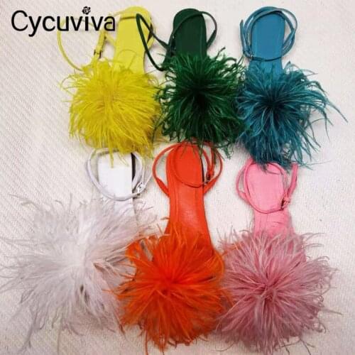 Sexy Feather Flat Sandals Women Candy flip-flops Summer Fur Shoes Green Ladies Luxury Sandalias Party Wedding Shoes Bride 2021