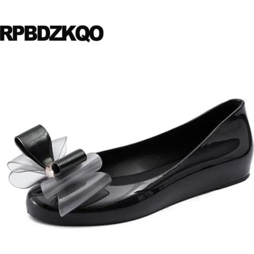 Cute slip on plus size bow blue rubber jelly women sandals flat casual bowtie large soft shoes cheap kawaii embellished black