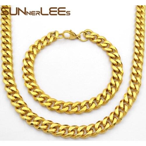 SUNNERLEES Fashion Jewelry Stainless Steel Necklace Bracelet Set 9mm Curb Link Chain For Mens Womens Gift SC30 S