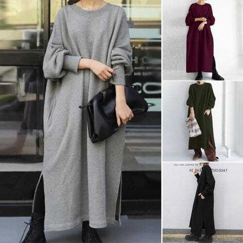 ZANZEA Split Casual Sweatshirts Maxi Vestidos Fashion Womens Hoodies Dress Female O Neck Robe Puff Sleeve Pullovers