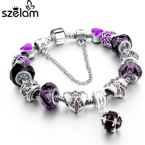 Szelam Purple Crystal Bracelets For Women Silver Plated Charm Bracelets & Bangles With Butterfly Charms Pulseira SBR160033