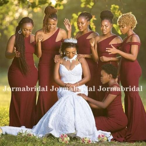 African Women Burgundy Bridesmaid Dress Custom Cheapest One Shoulder Mermaid Wedding Guest Vestidos Long Dresses For Women Party