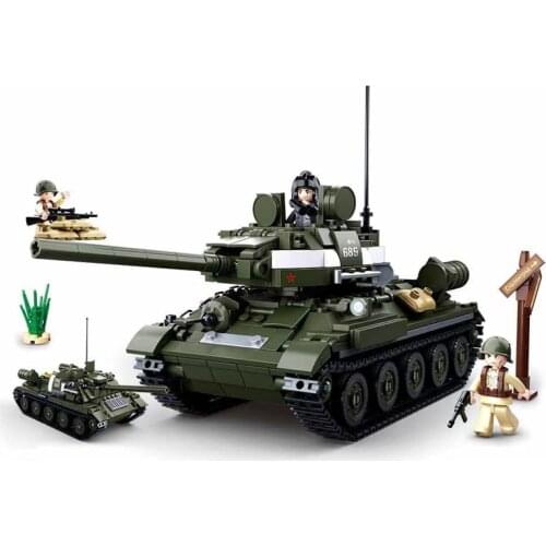 SLUBAN Military WW2 T34 85 Medium Tank Model Building Blocks Set World War 2 Army Soldier Figures Weapon Bricks Classic Toys Boy