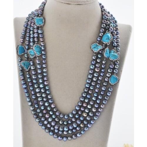 Z10793 18"-100" 8mm Black Round Freshwater Pearl Necklace Turquoise CZ