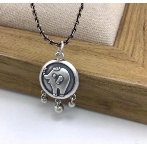 S925 sterling silver baby elephant pendant retro matte round brand silver bead tassel accessories female clavicle pendant