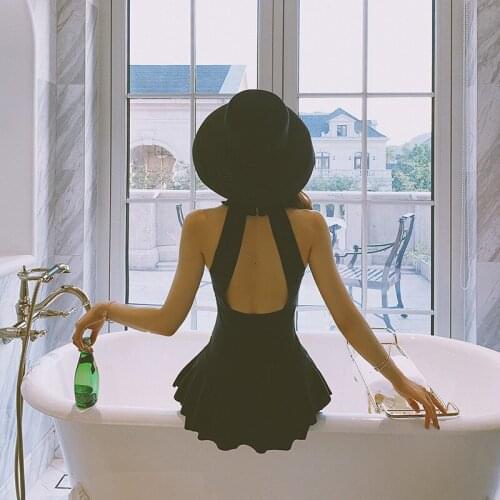 2021 New Fashion Swimsuit Women Solid Backless Sexy O-Neck Swimwear Korean Black One Piece Swimsuit Women Fits True To Size