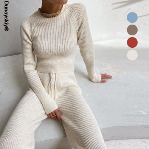 2021 Womens Knitted Sweater Solid Color Round Neck Long Sleeve Outfits Y2K Casual Striped Suit Warm Two Piece Sets Tracksuit