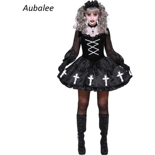 Day Of The Dead Veil Corpse Bride Lolita Gothic Dress Women Halloween Scary Costume Carnival Black Fancy Dress