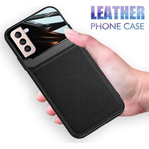 Luxury Shockproof Phone Case For Samsung Galaxy S21 FE Leather Mirror Tempered Glass Back Cover For Sansung Sumsung S 21 S21FE