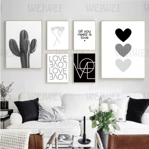 Black and White Gray Home Decoration Painting Simple Style Living Room Canvas Painting Cactus Love Text Heart-Shaped Wall Poster
