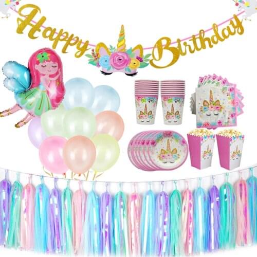 Unicorn Birthday Decoration Balloon Unicorn Headband Happy Birthday Banner Bunting Kids Party Favors Unicornio Balloons Supplies
