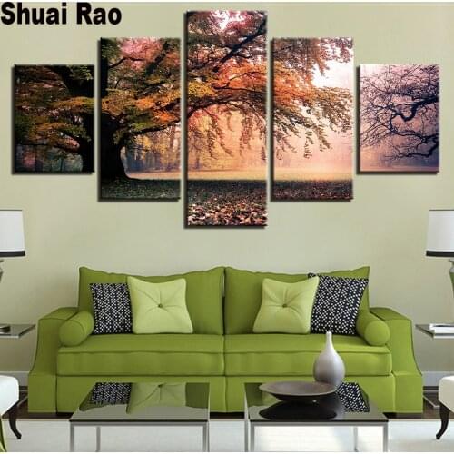 5d diy Diamond painting full square round drills Fall Trees Group diamond mosaic Embroidery rhinestone art 5 panel wall stickers