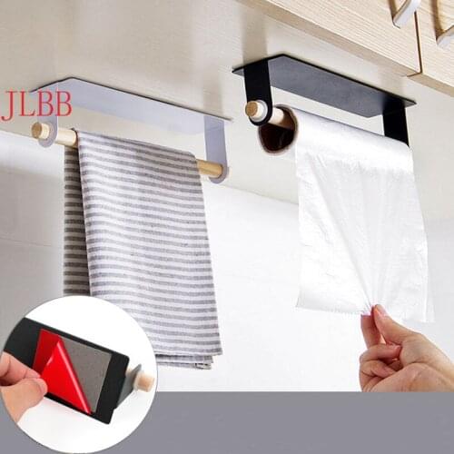 Kitchen Bathroom Wooden Towel Rack Metal Veneer Kitchen Cabinet Cling Film Rag Hanger Storage Box Toilet Paper Holder Paper Hold
