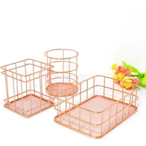 Metal Iron Storage Baskets Rose Gold Art Nordic Makeup Organizer Desktop Mesh Storage Basket Cosmetic Organizer Box Eco-Friendly