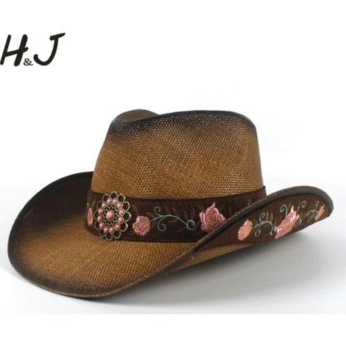 Fashion Women Straw Western Cowboy Hat Summer Elegant Lady Cowgirl Sombrero Caps With HandWork Embroidery Hats Dropshipping