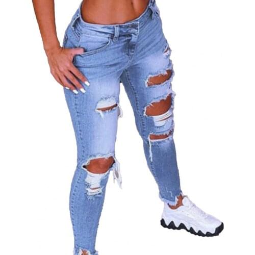 Fashion Women Jeans Low Waist Hip Lift Ripped Holes Skinny Denim Pencil Pants Trousers Ripped Stretch Hole Pencil Pant Plus Size