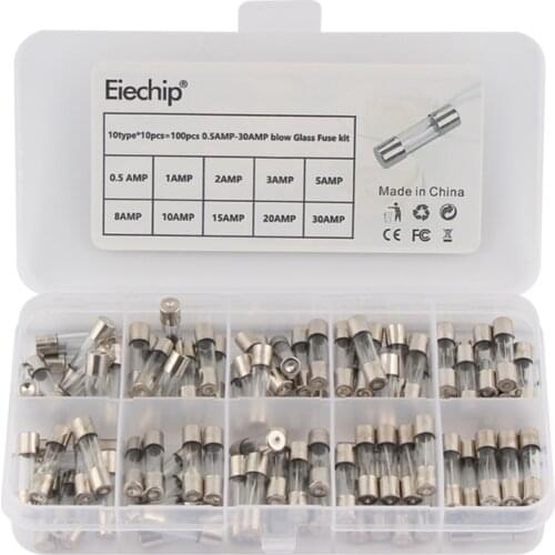 100pcs/lot Set Kit 5x20mm Fuse Assorted Kits DIY Quick Blow Glass Tube Fast-blow Glass Fuses 0.5A 1A 2A 3A 5A 8A 10A 15A 20A 30A