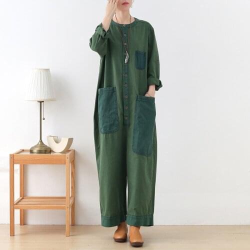 New Vintage Autumn Jean Jumpsuits Women Rompers Casual Patchwork Big Pocket Playsuits Long Sleeve Loose Wide Leg Pants Overall