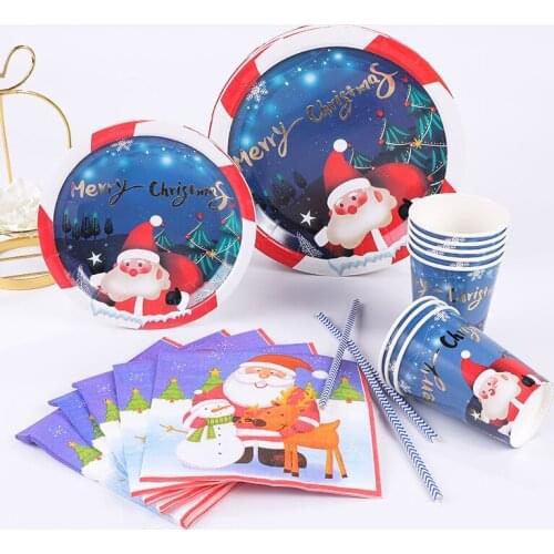 New Year Kids Christmas Gift Party Disposable Tableware Paper Cups Plates Balloon birthday Decor Xmas Home Tableware Supplies