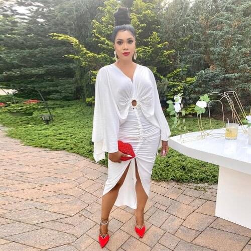 Solid Women Round Buckle Pleated Party Dress Sexy Deep V Neck Long Sleeve Bandage Dresses Autumn Female Front Split Robe Femme