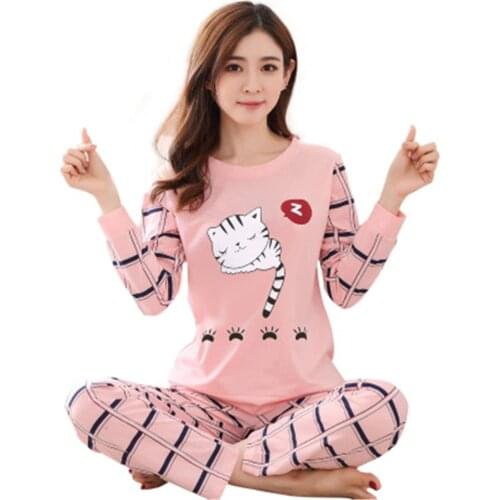 2PC Autumn Winter Pyjamas Set Women Girls Cute Cartoon Cat Print Ladies Pajamas Teacup Cat Sleepwear Clothes Robe Lingerie