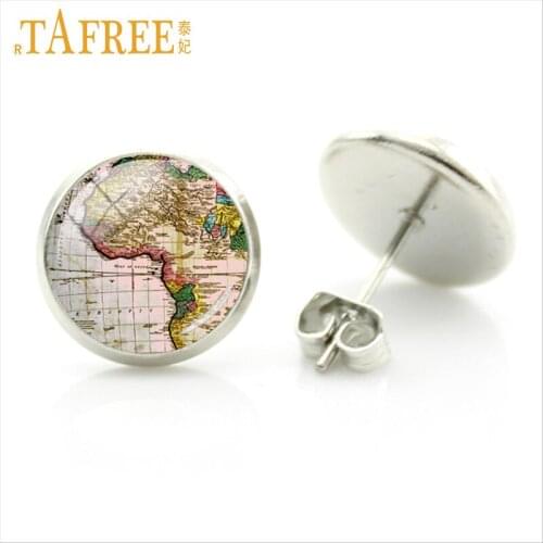 TAFREE South Africa Map stud earrings 2017 Fashion Vintage amusing round dome glass cabochon Antique accessories jewlery H553