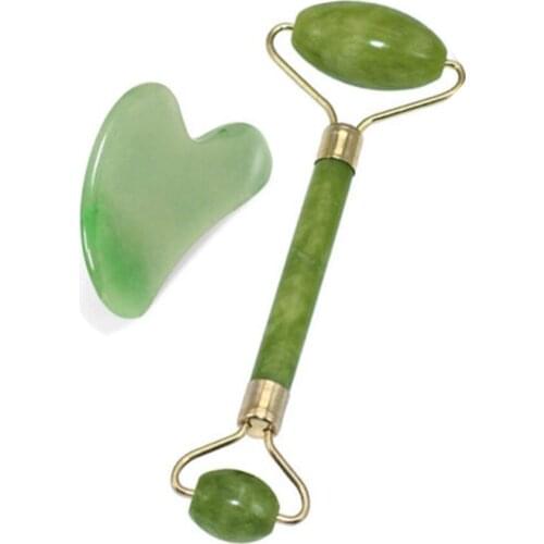 2 in 1 Green Roller and Gua Sha Tools Set by Natural Jade Scraper Massager with Stones for Face Neck Back and Jawline