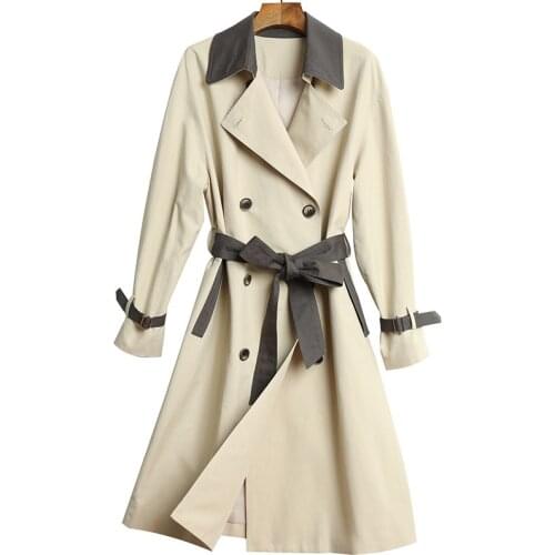 Womens Windbreaker 2021 Spring Color Contrast Stitching Double Breasted Waist Hepburn Womens Coat Solid Color Fashion Coat C96