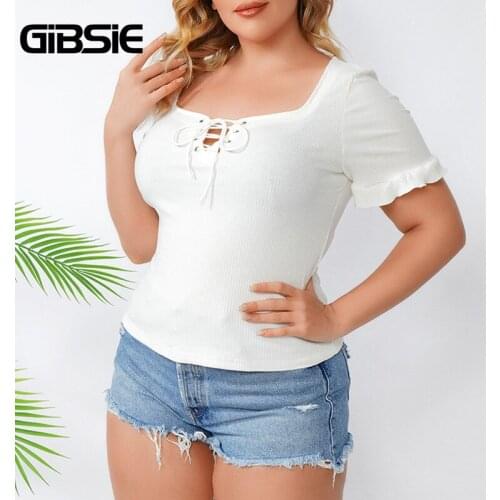 GIBSIE Sweetheart Neck Lace Up Solid Rib-Knit T Shirt Women Summer Short Sleeve Slim Casual T-shirts Top Plus Size xxxl 4xl