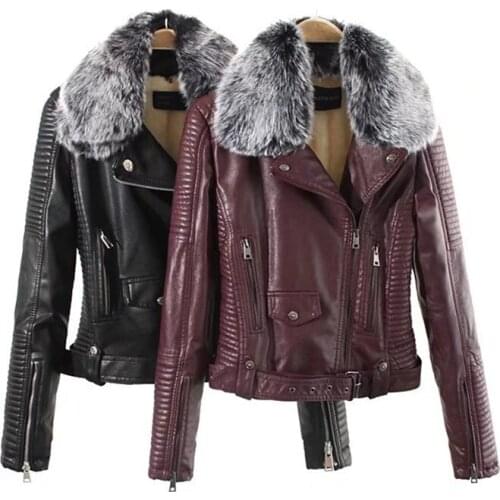 2019 Winter Fashion Womens PU Coat Thick Plush Lining Artificial Leather Slim Short Jacket Girls Faux Fur Collar Topcoat