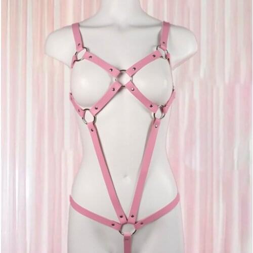 Pastel Goth Leather Harness Women Pink Full Body Bondage Belt Garter Sexy Lingerie Cage Bodysuit Suspenders Rave Clothes Jewelry