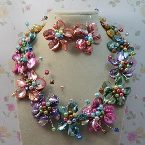 New Multicolor Sea Shell Pearl Real Freshwater Pearl Flower Handmade Silver Earring Necklace Charming Women Gift Fine Jewelry Se