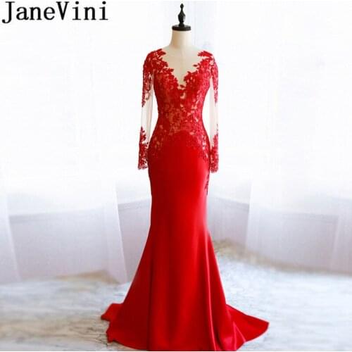 JaneVini Red Evening Long Sleeves Formal Dinner Gowns 2019 Beaded Sequins Lace Mermaid Sweep Train Mother Of The Bride Dresses