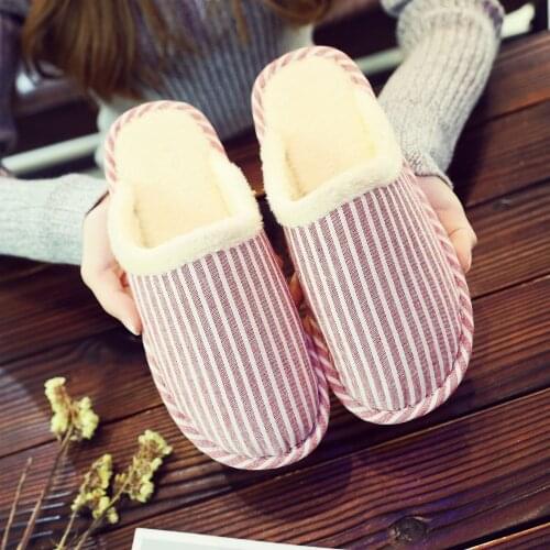Winter Vertical Stripes Women Slippers Winter Warm Unisex Floor Cotton Slippers Indoor Home Couple Flat Slippers