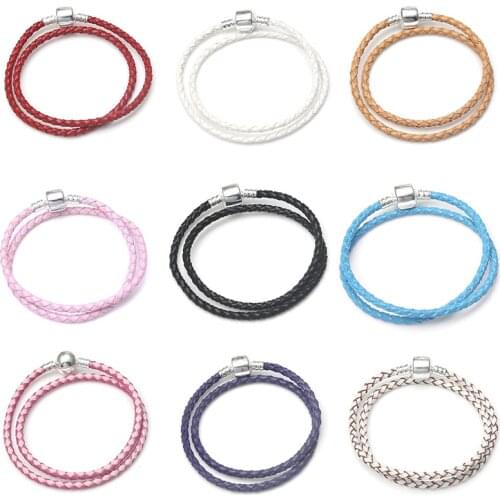 16-21CM Double layer Genuine Leather Bracelet Double circle Fit European bracelet & bangle Rope chain diy charm Women Jewelry