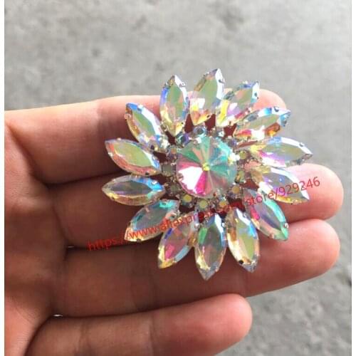 20pcs/lot wholesale round flower crystal applique 49mm shiny AB glass rhinestone trims fashion garment clothing shoes accessory