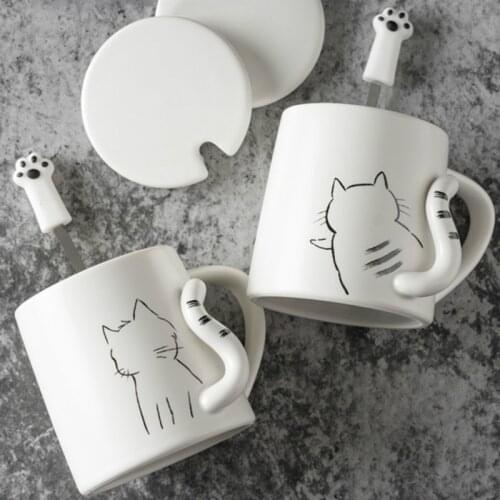 350ml Creative Cute Cat Coffee Cups Bone China Mug Breakfast Milk Child Tea Cup Oatmeal With Lid Spoon Porcelain Water Cups