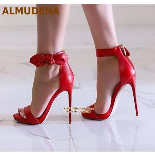 ALMUDENA Red White Black Bowtie High Heel Sandals Thin High Heel Butterfly-knot Dress Shoes Elegant Women Wedding Pumps Size46