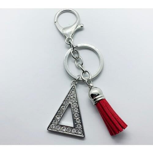 Shiny rhinestone inlaid Greek letter DELTA metal pendant key ring red tassel charm lobster clasp key ring
