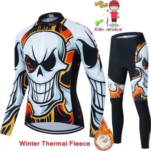 2021 Kids Winter Cycling Jersey Set MTB Bicycle Skull Pattern Cycling Clothes Warm Bike Boy Thermal Fleece Cycling Clothing Suit