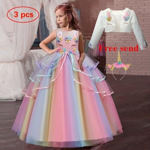 Christmas Send a Gift High-grade birthday evening party child wedding dress 4-14Y girls Embroidered applique unicorn long dress