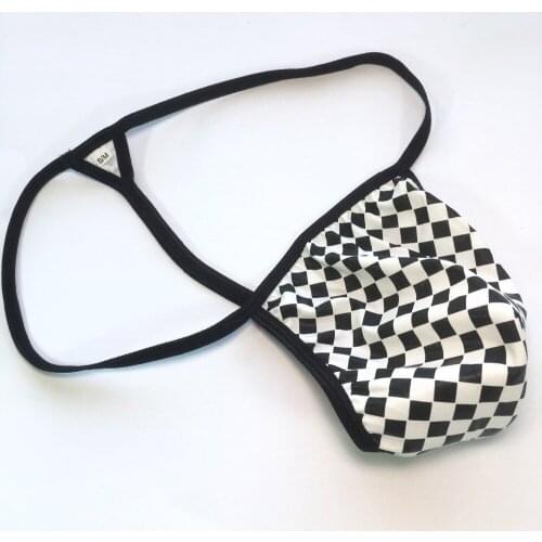 G526V Mens String Pouch Backless Thong Contoured Pouch PVC Black White Racing Check Flag
