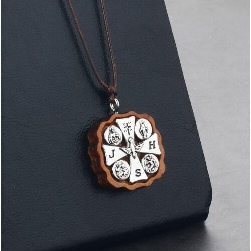 Catholic Christ Geometric Square Wooden Cross Pendant Necklaces for Men Adjustable Rope Chains Collars Religious Jewelry