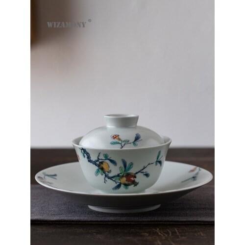 WIZAMONY Ceramic Art Picked Flowers gai wan cha Cup of a Single Ceramic Kung Fu Tea Household Japanese Sancai Cup Tea Bowl