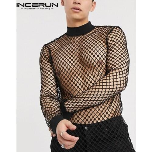 Men Mesh T Shirt Turtleneck Long Sleeve Transparent Streetwear Tops See Through Sexy Party Nightclub T-shirts Men INCERUN S-5XL