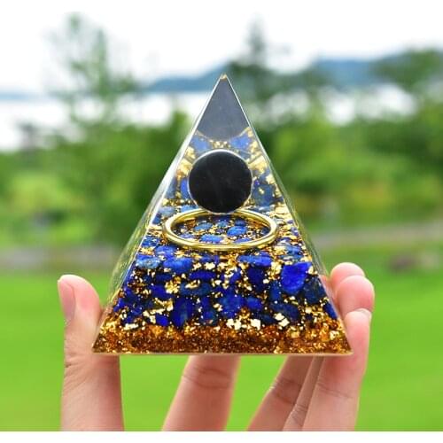Handmade Orgone Pyramid 2.7 Inch Lazurite Blue Quartz Black Tourmaline Sphere Orgonite Pyramid Reiki Energy Healing Meditation