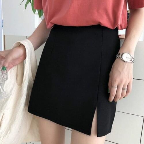Slim Mini Skirt Student Trendy Simple Skirts Women Solid Black Bodycon Split Office Ladies Stitching Ulzzang High Waist Elegant