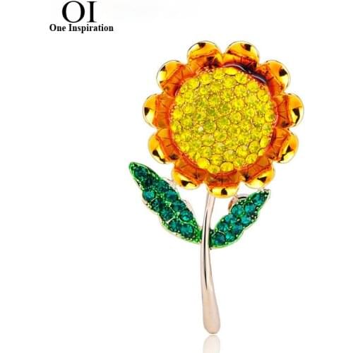 OI Sun Flower Plant Brooches Yellow Crystal Gold Color Pendant Jewelry Women Clothes Scarf Hat Pins Accessories
